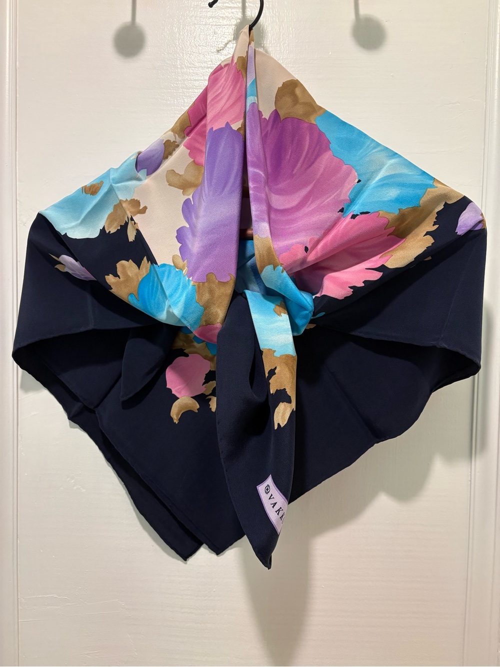 Vakko 100% silk Navy Scarf with Turquoise, Pink and Gold Floral Accents